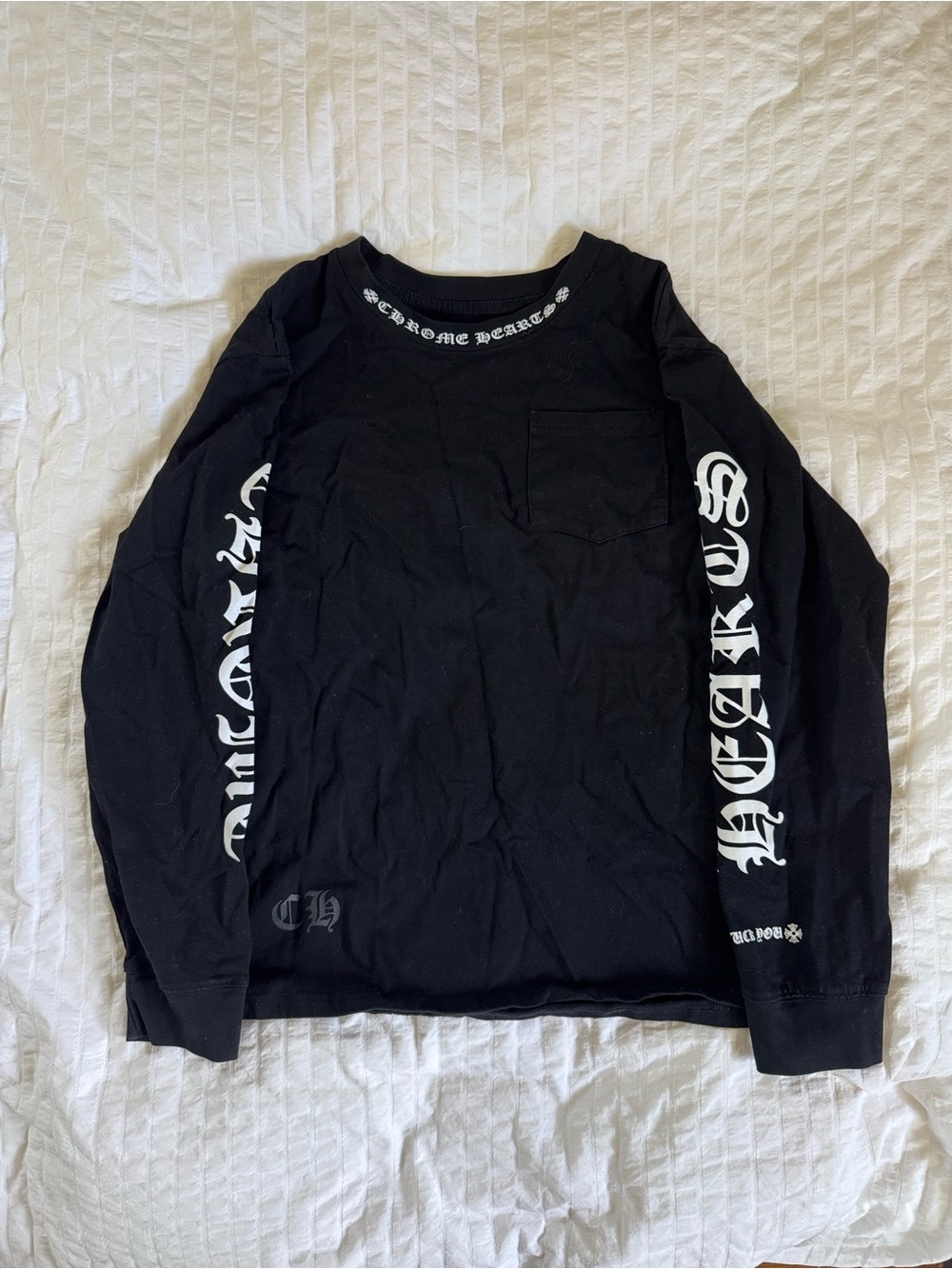 Chrome Hearts Black Long Sleeve Pocket Tee with White Gothic Sleeve Print